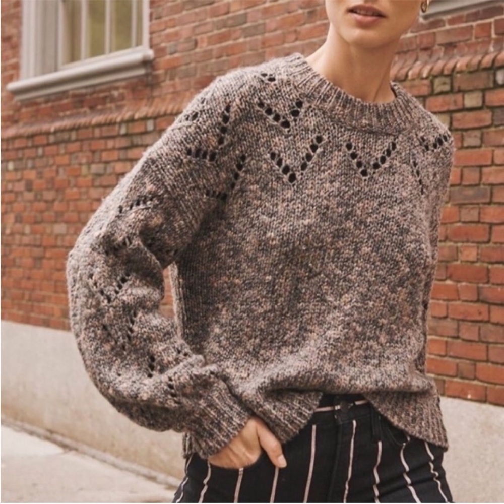 MADEWELL Pointelle Knit Wool Blend Marled Rock Balloon Sleeve Sweater Gray  Sz M